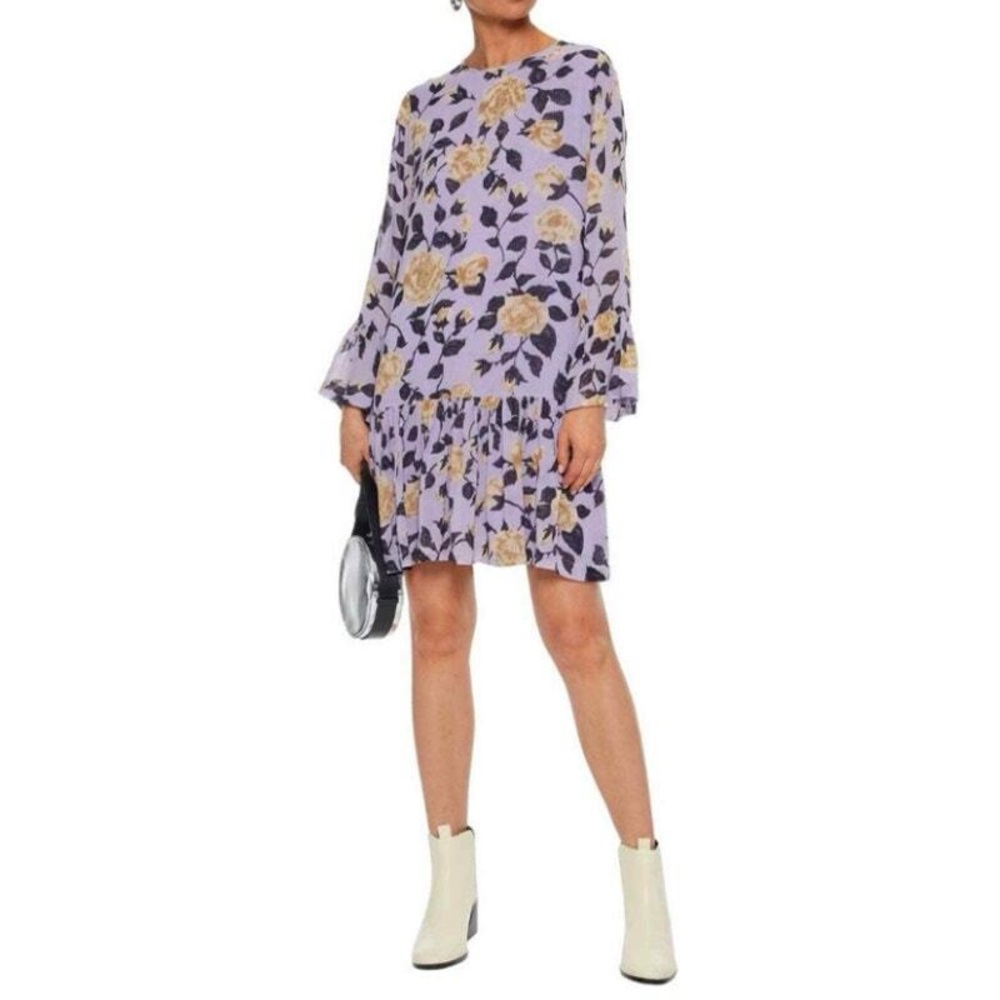 Ganni Carlton Georgette Dress Pastel Floral Purple Lilac Drop Waist. Size 8. - Picture 1 of 4